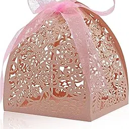 JZS 50Pcs Laser Cut Rose Candy Boxes, Favor Boxes 2.5"x 2.5"x 3.1", Gift Boxes Bridal Shower Anniverary Birthday Party Wedding Favor (Pink) image 1