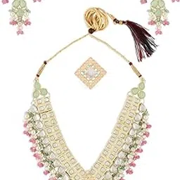 zaveri pearls Green Pink Stones & Cluster Beads Kundan Necklace Earring & Ring Set For Women-ZPFK15357-picture-42