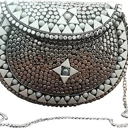 shivkesh Handmade Evening Clutch Purse, Geometric Beaded Design, Grey and Silver, Metal Chain Strap-picture-17