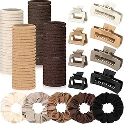 Gladsome ® 61 pcs Women Hair Accessories Combo Set | 48 Cotton Hair Ties | 4 Korean Large Matte Hair Claw Clip | 4 Aesthetic Mini Hair Claw Clip | 5 Satin Silk Scrunchies. (RANDOM COLORS)-image-38