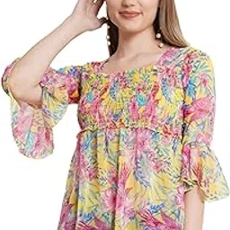 popwings Printed Chiffon Peplum Tops for Women || 3/4th Sleeves Square Neck Women Tops for Summer || Stylish Western Smocking Women Tops-picture-39