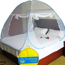 VERDIOZ White Embroidery Cotton Mosquito Net for Double Bed Machardani, Mosquito Net for Bed King Size, for Adult | Kids | Baby, Corrosion Free Wire with Saviours (King Size, 200X200X145 Cm, Blue) image 1