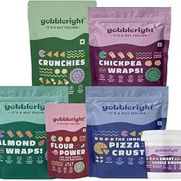 gobbleright Complete Combo Pack/ Chickpea Wraps (175gm), Almond Wraps (175gm), Smart Cookie Dough (350gm), Flour Power (275gm), Pizza Crust (250gm) & Crunchies (80gm) Pack of 6-picture-10