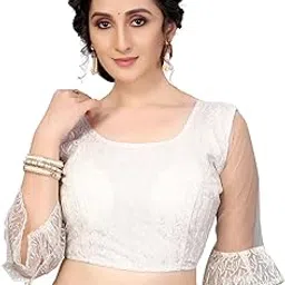 OVIFAME Embellished Round Neck Net Designer Blouse Three-Quarters Sleeve Readymade Saree Blouse for Women-picture-21