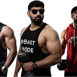 Combo Sleeveless Wear for Men | 3 in 1 Gym Vest + Sleeveless T Shirt + Tank Top Hoodie | Cotton Vest for Men | Wear for Mens Workout | Stylish Fitness Gym. Tshirt for Mens-image-1