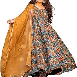 gosriki Women's Rayon Blend Bagru Printed Anarkali Kurta with Pant & Dupatta-picture-39