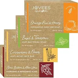 Jovees Herbal Orange Peel & Honey Soap 100 g, Basil Turmeric Anti Bacterial 100 g, Cinnamon & Neem Anti Acne Face Bar 75 g, Shea Butter & Aloe Vera Hydrating 100 g Soap Combo 4-picture-11