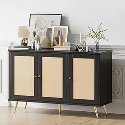 ND INTERNATIONAL Modern Black Rattan Cane Sideboard with Gold Metal Legs, 3-Door Accent Storage Cabinet for Dining Room, Living Room, Entryway, Hallway, Stylish Storage-picture-24