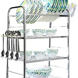 Palomino Stainless Steel 4 Shelf Wall Mount Kitchen Utensils Rack | Dish Rack with Plate & Cutlery Stand | Modular Kitchen Storage Rack | Kitchen Organizer (18x24 inches)-image-4