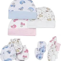 4newbies Cotton Baby Caps, Mittens and Booties Set, 0-6 Months, Pack of 2, Assorted Colours-picture-31
