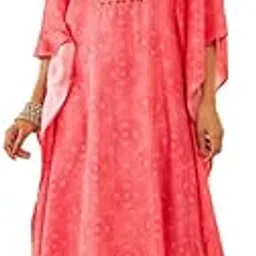 soch Womens Pink Silk Blend Bandhani Print V-Neck Kaftan with Mirror Work image 1