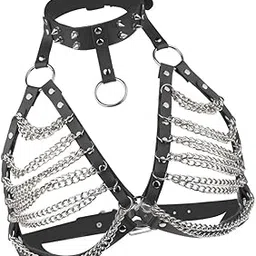 Women Punk Body Chain Leather Harness Adjustable Cage Bra Black+Silver Chain|Clothing, Shoes & Accessories| Costumes, Reenactment, Theater | Costumes | Women-picture-10