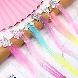 Elastikidz 3 pcs ombre Colored Artificial Nylon Rainbow Color Hair Extensions/Hair Tinsel With Cartoon Alligator Clip/Artificial Highlighter For Girls/Kids (Pack Of 3)-picture-26