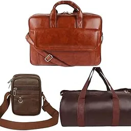 treggo Premium 3-in-1 Leather Travel Bag Set | Laptop Office, Duffle Gym & Sling Messenger Bag for Men & Women – Brown (Multi-Purpose Travel) image 1