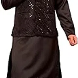 rangkathaa Men's Black Satin Kurta with Valvet Nehru Jacket & Trouser Set | Sequin Embroidery | Button Closure | Traditional Indian Ethnic Waistcoat, Weddings & Pooja-picture-12