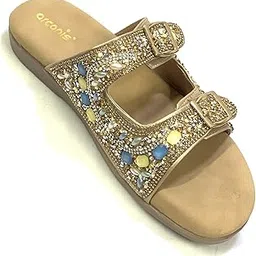 arcanis Women’s Rhinestone Flat Sandals | Double Strap Slide Buckle Slippers for Women | Casual, Comfortable & Stylish Embellished Flats for Ladies (Golden)-picture-35
