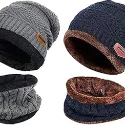 truflair Woolen Beanie/Skull Cap & Neck Warmer (Muffler) Combo for Winters with Faux Fur Inner Side | Warm Hat | Hedging Hat Scarf Set |Air Proof Cap | Woolen Cap image 1