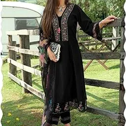 Women's A-Line Silk Blend Floral Embroidered Kurta & Pant with Dupatta Set (IEOUT10970)-image-13