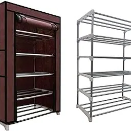 RAXON WORLD Multipurpose 5 Layer Metal Pipe with Non-Woven 100GSM Fabric Cover Shoe/Cloth/Toy/Books Rack Brown-picture-22