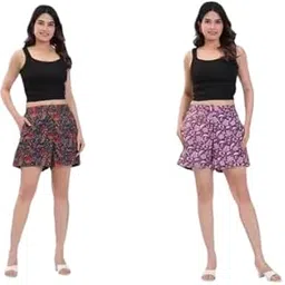 Aanvi Kurti Women's Floral Print Shorts, High Waist, Pockets, Casual Wear-picture-31