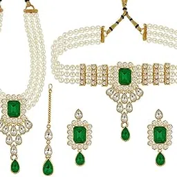 Elegant Pearl and Crystal Jewellery Set with Necklace, Choker, Earrings, Maang Tikka, Gold-Plated-picture-49