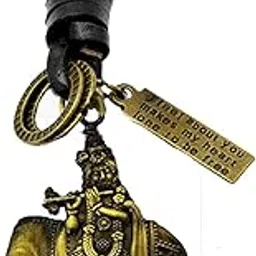 afh Lord Krishna with Cow Idol Bronze Charm Leather Religious Keychain for Men and Women-picture-11