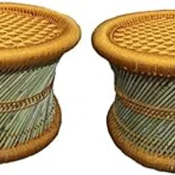 HeeMo Eco-Friendly Cane Wood Bamboo Sitting Stool, Muddi for Indoor/Outdoor (Green: Set of 2)-picture-18