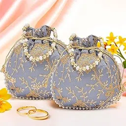 Urbane Home Pack of 2 Potli Bags for Ladies & Girls | Women Shagun Pouches for Festive Seasons | Embroidery Batwa Bag Bridal Purse -Grey-picture-34