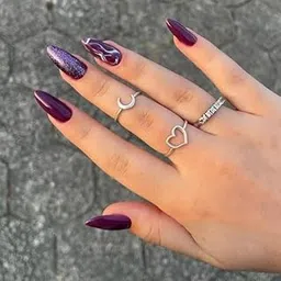 FWS Artificial fake Press On Nails Art Set (Set Of 20) Reusable Nails Extension,BridalNails,Stick-On Nails,Manicure Art Set, AcrylicNails,False Nails,DesignerNails | Nail Glue, Nail file, cuticle pusher, cleaning wipe | Glossy Plum Marble Shape Almond-picture-35