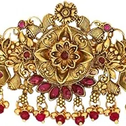 JWELLA Traditional Gold-Plated Hair Barrette Clip With Floral Design And Beads Danglers (Design-4)-image-34
