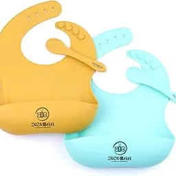 ZoZoBaa Silicone Baby Bib with Easy Grip Spoon For Feeding Toddlers|Waterproof & Reusable Bib with button for Infants |Soft, Light Weight, BPA Free, 2 Set, Mango Yellow & Mint Green-picture-58