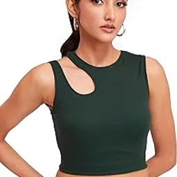 BERRY BIRD® Stylish Sleeveless Round Neck Slim Fit Cut Out Sholder Ribbed Knit Tank Crop Tops for Women & Girls Casual Beach and Gym Wear and Western Trendy Fashion-picture-18