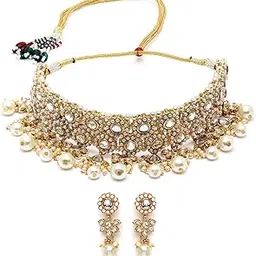 Gold Plated Pearl and Kundan Studded Choker Necklace Set for Women-image-66