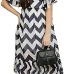 Women’s Fit and Flare Georgette Dress with Zigzag Striped Pattern | Short Sleeves | Casual Blue L-picture-15