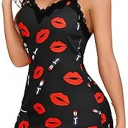 rich lust Women’s Babydoll V-Neck Lounge Nightwear Above Knee Strappy Lace Chemise Floral Lingerie Nighty Set V Back Design Adjustable Straps Honeymoon Sleepwea (Free Size, Lipstic)-picture-35