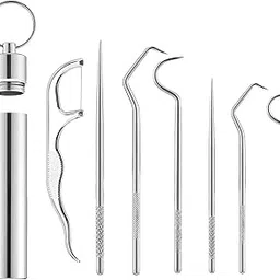Hidak 7 in 1 Stainless Steel Teeth Cleaning Tool Kit Toothpick Holder Teeth Cleaning Sticks Kit Dental Hygiene Kit Teeth Tool Set Teeth Braces Cleaning Tools for Outdoor Picnic Camping Traveling-picture-14
