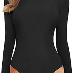 mangopop Women's Mock Turtle Neck Long Sleeve Ribbed Slim Fit Bodysuit Jumpsuit Shirts (A01 Black, Small)-picture-30