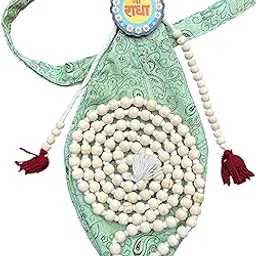 Krishna KUNJ - Neem Wood White Japa Mala 108+1 Beads with Matching Sakshi Mala Cotton Gaumukhi/Japa Bag with Extra Chain Pocket and Free Shri Radha Name Pin Badge for Your Jholi. (GRN)-image-21
