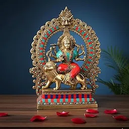 Dattatreya Brass Durga Maa with Lion Statue Hindu Goddess Sherawali MATA Murti MATA Rani Statue Figurine Home Temple (Height: 14.5 Inch)-image-34