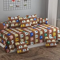 Decozom Stylish Threads Heavy Cotton 8 Pieces Diwan Set ||1 Single Bedsheet, 2 Bolster Covers, 5 Cushion Covers || :- Brown Elephant-picture-25