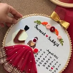 Personalised Wedding Date Calendar Embroidery Hoop Art, Handmade Decorative Wall Frame with Floral Design, 3D Dress Detail, Red and Gold-picture-22