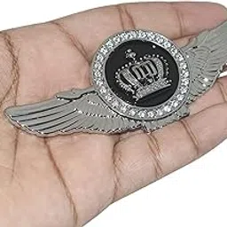 VRT Winged King Crown Emblem Sticker for All Cars, Bikes, Metal (Silver with Black) Size: 11cm x 4.5cm x 2mm image 1