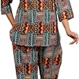 nishire Women's Cotton Night Suit, Geometric Print Sleepwear Set, 3/4 Sleeve Top with Palazzo Pants, Multicolour-picture-14