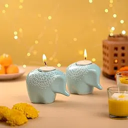 ARTMANSHA Set of 2 Elephant Ceramic Tealight Holders (Blue)- Decorative Candle Holders for Home, Festive Décor & Gifting| Diwali Décor-picture-40