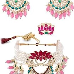 zaveri pearls Green & Pink Meenakari Lotus Multistrand Pearls Choker Necklace Earring & Ring Set For Women-ZPFK14831-picture-36