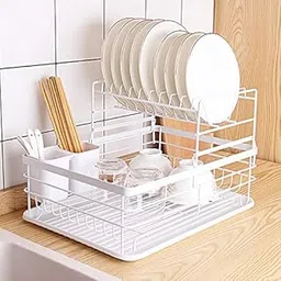 HROY Metal Kitchen Dish Rack Steel |Dish Drainer, Steel Drying Rack with Removable Drain Board, Rack 2-Tier Large (White, 2 Layer)-image-63