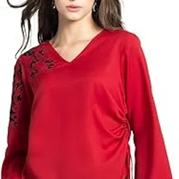 shaye V-Neck Red Embroidered Long Sleeves Party Tops for Women-picture-27