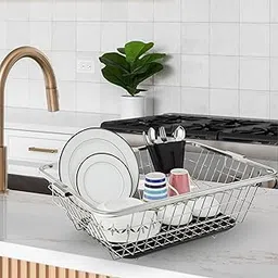 Amazon Brand - Solimo 3-in-1 Large Stainless Steel Dish Rack with Plastic Drainer, Cutlery Holder & Handle | Utensil Basket & Kitchen Dish Drying Rack Organizer (59 x 45 x 20 cm, Black)-image-0