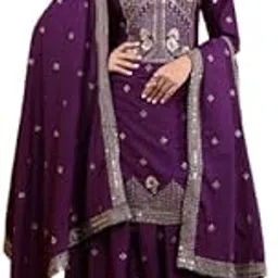 injofash Women's Purple Sharara Suit Set with Embroidered Dupatta, Traditional Indian Ethnic Wear, 3 Piece Festive Dress-picture-37