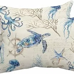 Outdoor Pillows Covers with Inserts Summer Vintage Ocean Octopus Jellyfish Starfish Turtle Anchor Waterproof Pillow Adjustable Strap Throw Pillows for Patio Furniture Lounge Chair, 11x16 Inch, 2PCS-picture-21